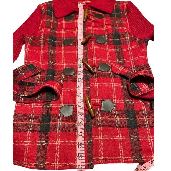 Vtg Sweater Coat Coatigan Wool Blend Toggle Plaid Belted S Red Preppy Academia - Picture 7 of 9